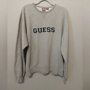 Guess vintage Y2K 90s Mens crewneck Gray sweatshirt stitched logo spellout Retro